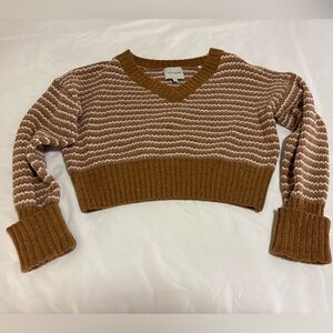 Dry Goods Cropped V-Neck Sweater in Brown and Cream